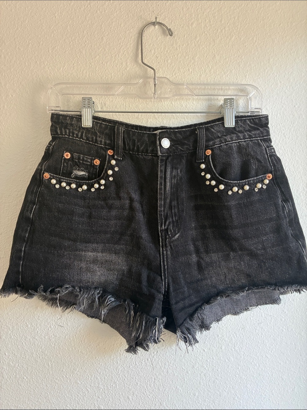 Signature8 Black Pearl-Studded High-Rise Jean Shorts